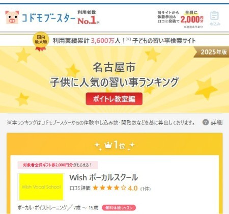 名古屋市「子供に人気の習い事ランキング」ボイトレ教室１位｜Wishボーカルスクール
