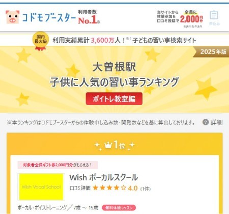 大曽根「子供に人気の習い事ランキング」ボイトレ教室１位｜Wishボーカルスクール